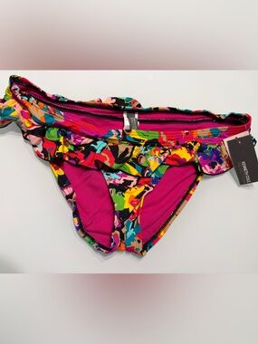 Kenneth Cole Multicolor Floral Ruffle Bikini Bottoms - Pink Lining